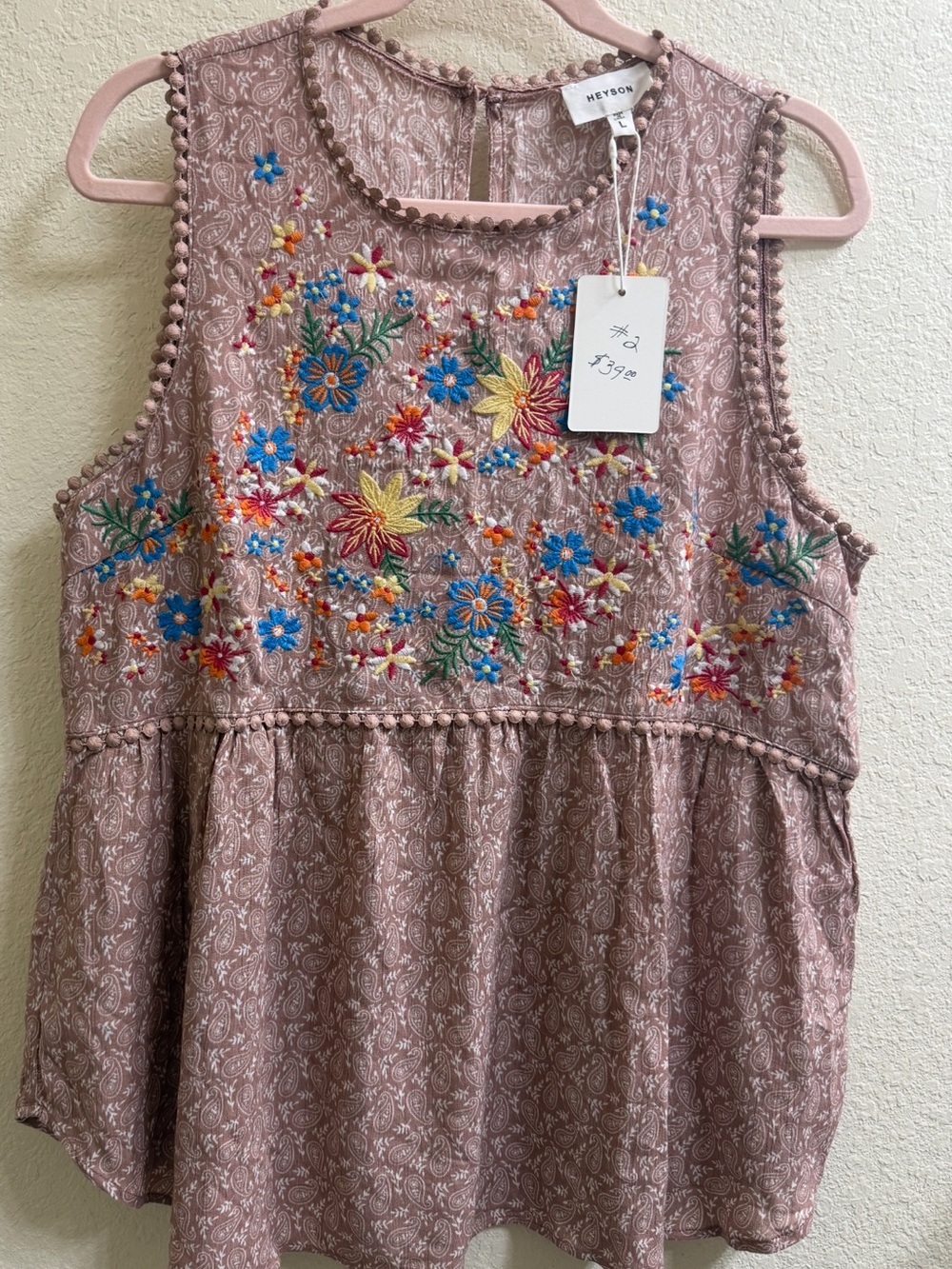 Heyson Women’s Mocha Floral Embroidered Sleeveless Blouse Size L